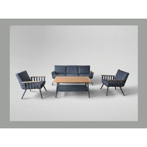 Salon de jardin ELORIA aluminium gris 5 places avec coussins épais et table basse 