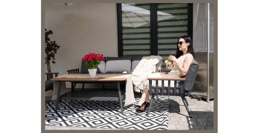 Salon de jardin ELORIA aluminium gris 5 places avec coussins épais et table basse 