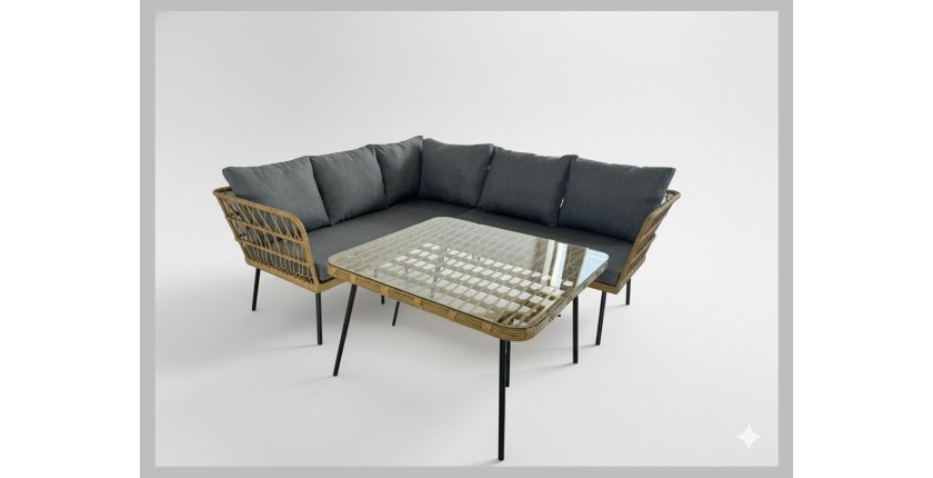 Salon de jardin d’angle RATTANIA rotin marron 5 places avec coussins et table 