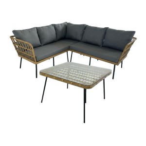Salon de jardin d’angle RATTANIA rotin marron 5 places avec coussins et table