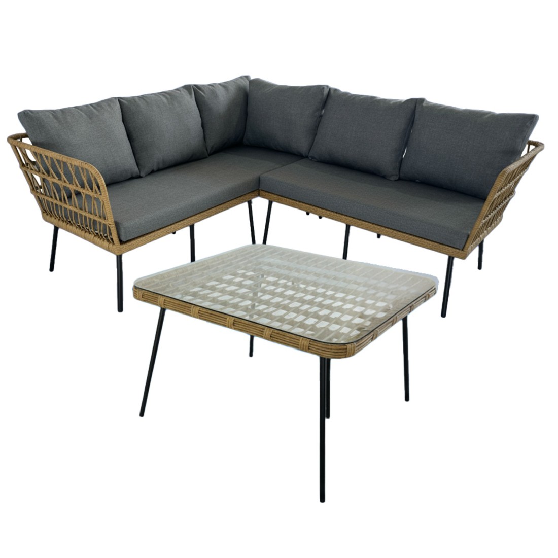 Salon de jardin d’angle RATTANIA rotin marron 5 places avec coussins et table