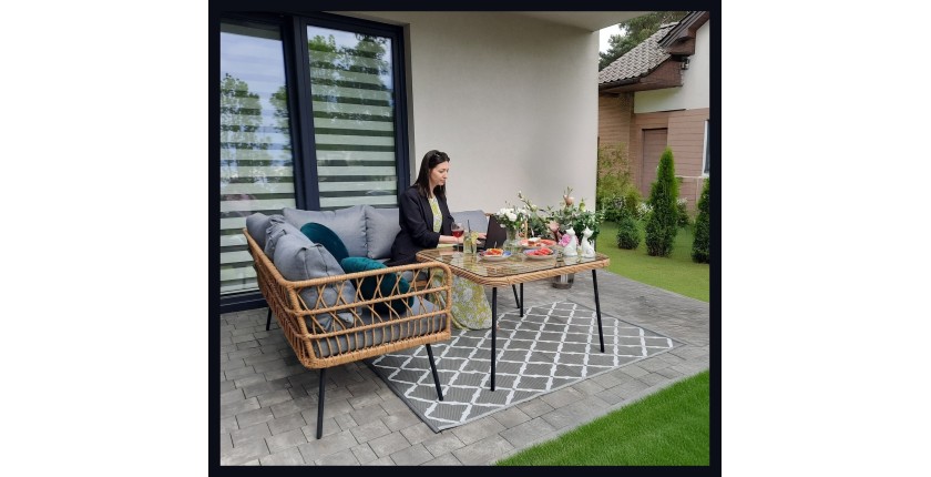 Salon de jardin d’angle RATTANIA rotin marron 5 places avec coussins et table 