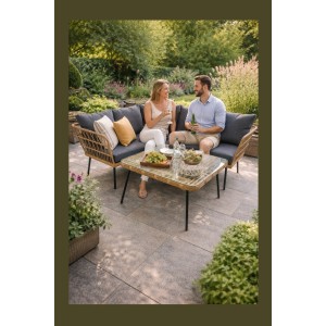 Salon de jardin d’angle RATTANIA rotin marron 5 places avec coussins et table 