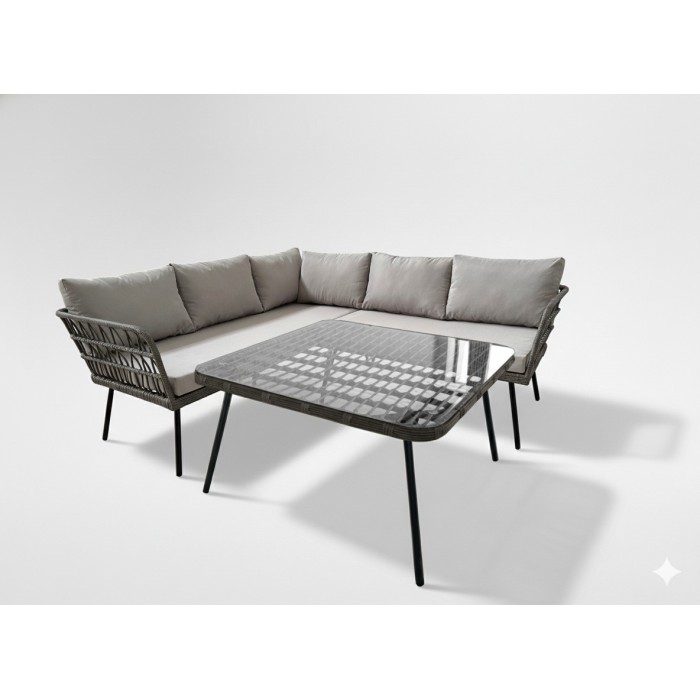 Salon de jardin d’angle RATTANIA rotin gris 5 places avec coussins et table 
