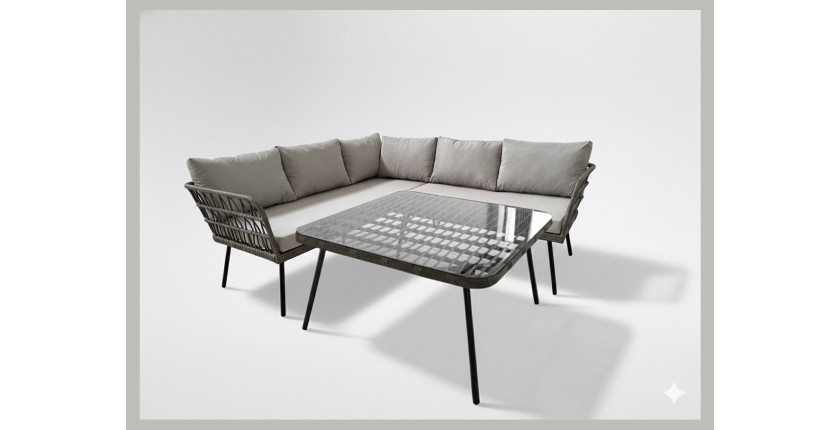 Salon de jardin d’angle RATTANIA rotin gris 5 places avec coussins et table 