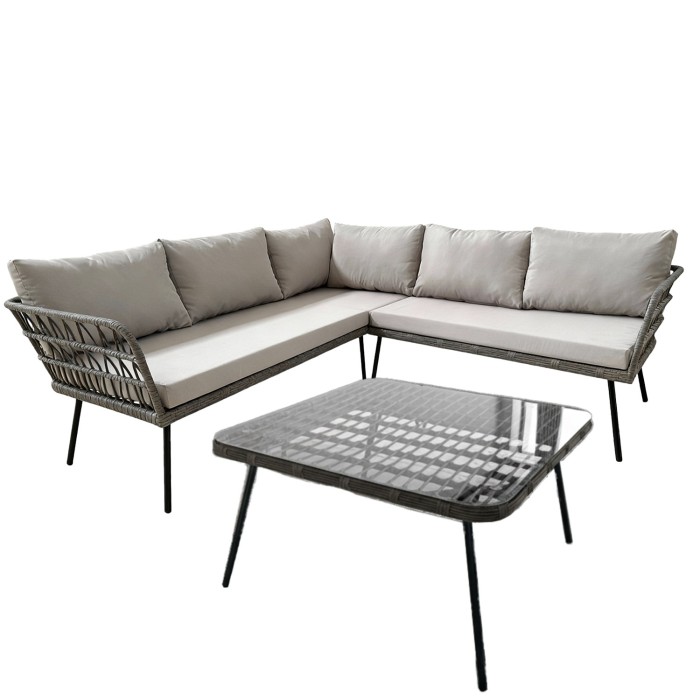 Salon de jardin d’angle RATTANIA rotin gris 5 places avec coussins et table