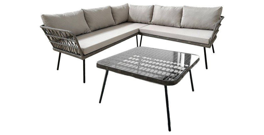 Salon de jardin d’angle RATTANIA rotin gris 5 places avec coussins et table