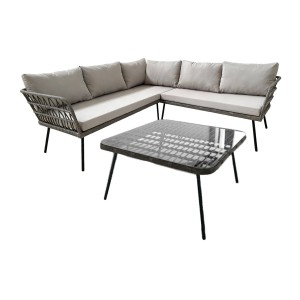 Salon de jardin d’angle RATTANIA rotin gris 5 places avec coussins et table