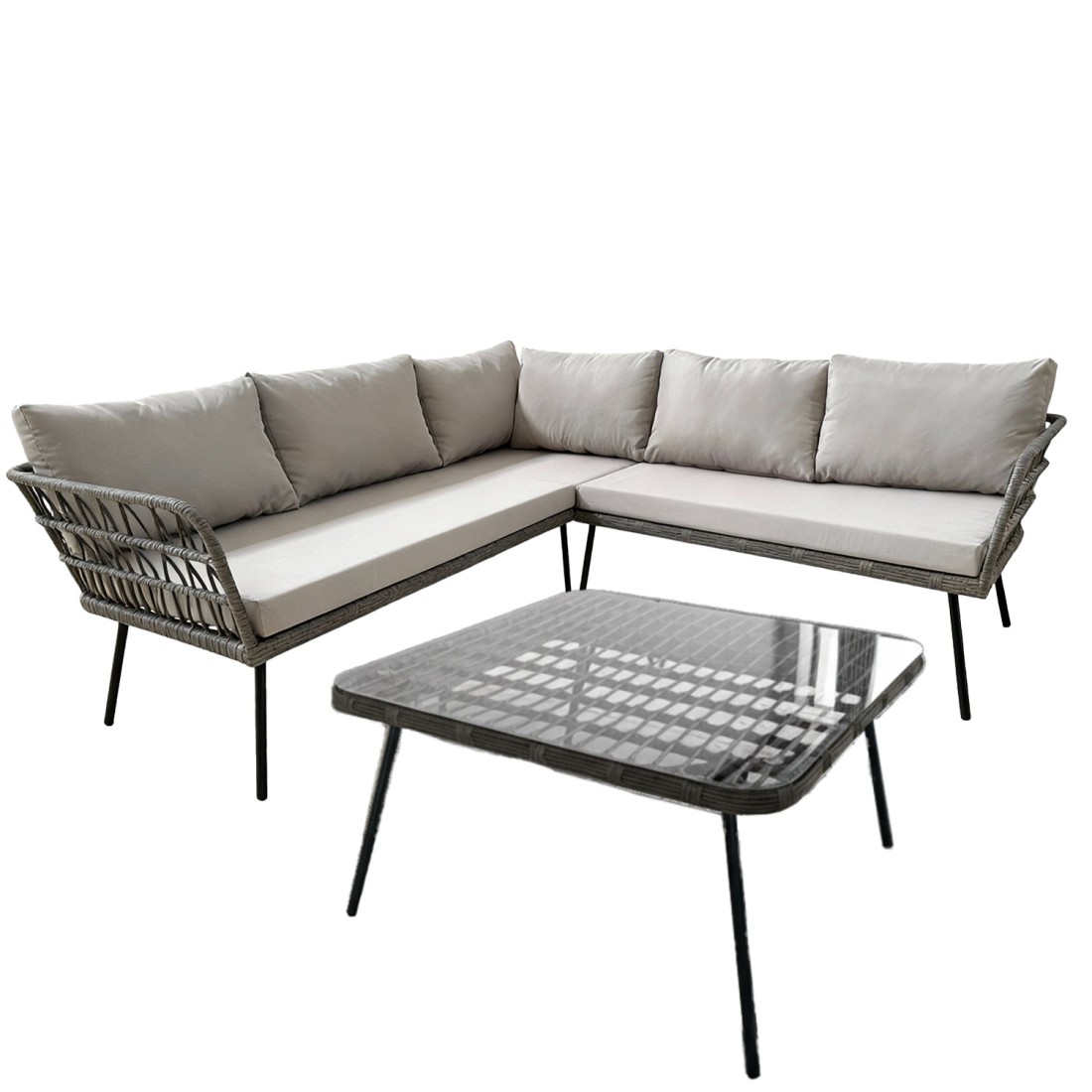 Salon de jardin d’angle RATTANIA rotin gris 5 places avec coussins et table