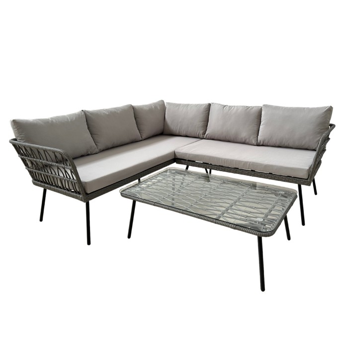 Salon de jardin d’angle RATTANIA rotin gris 5 places avec coussins et table 