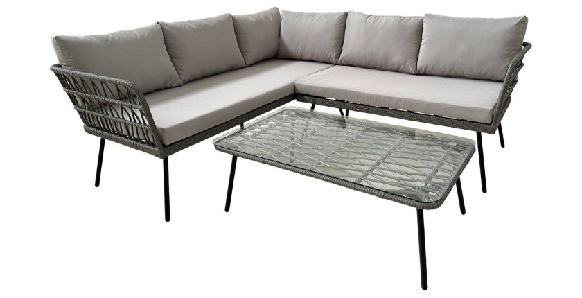 Salon de jardin d’angle RATTANIA rotin gris 5 places avec coussins et table 