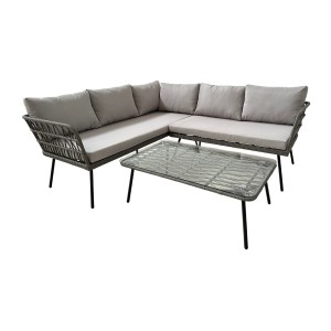 Salon de jardin d’angle RATTANIA rotin gris 5 places avec coussins et table 