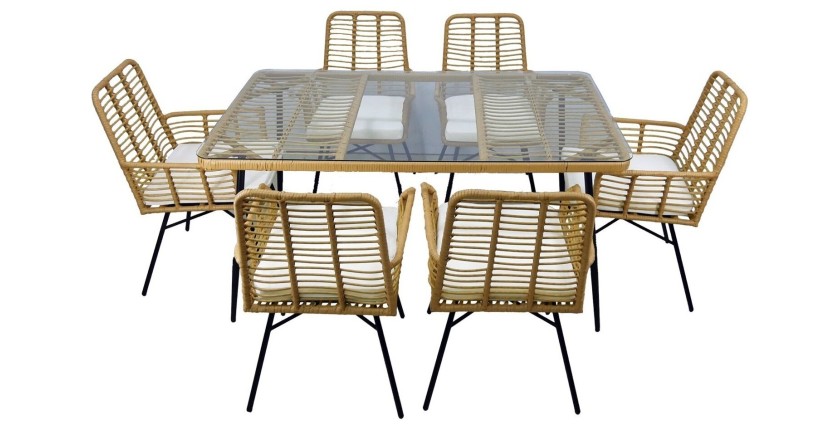 Salon de jardin ALFRESCO rotin marron 6 places avec table et fauteuils avec coussins 