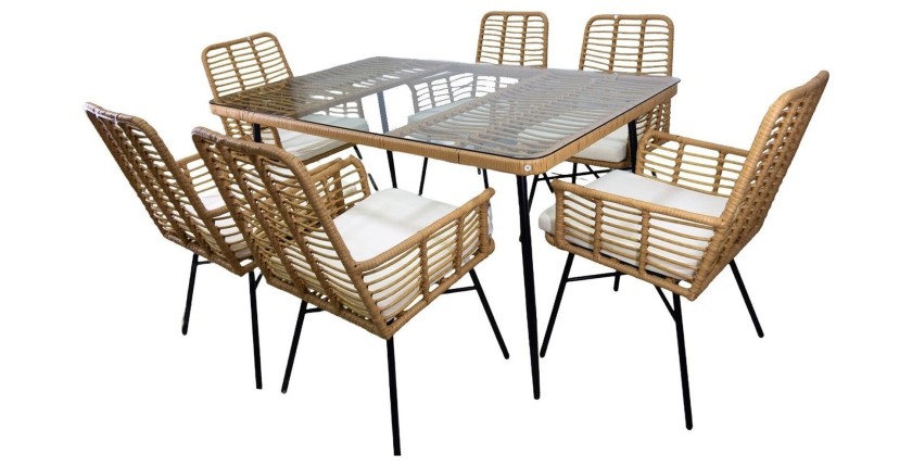 Salon de jardin ALFRESCO rotin marron 6 places avec table et fauteuils avec coussins 