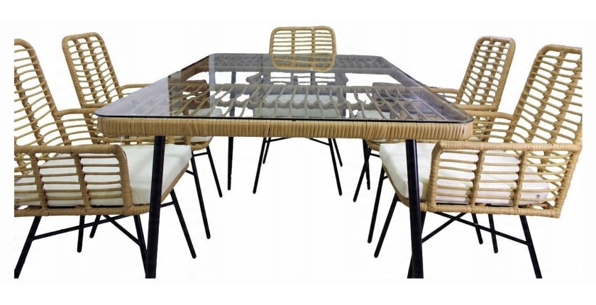 Salon de jardin ALFRESCO rotin marron 6 places avec table et fauteuils avec coussins 