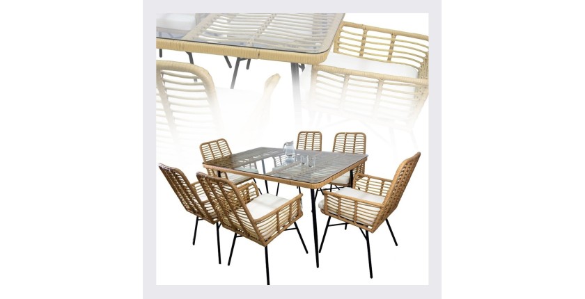 Salon de jardin ALFRESCO rotin marron 6 places avec table et fauteuils avec coussins 