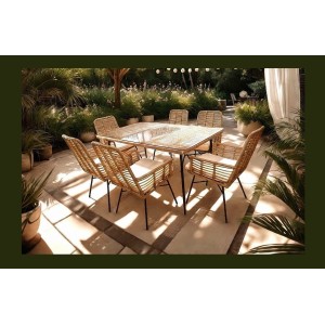 Salon de jardin ALFRESCO rotin marron 6 places avec table et fauteuils avec coussins