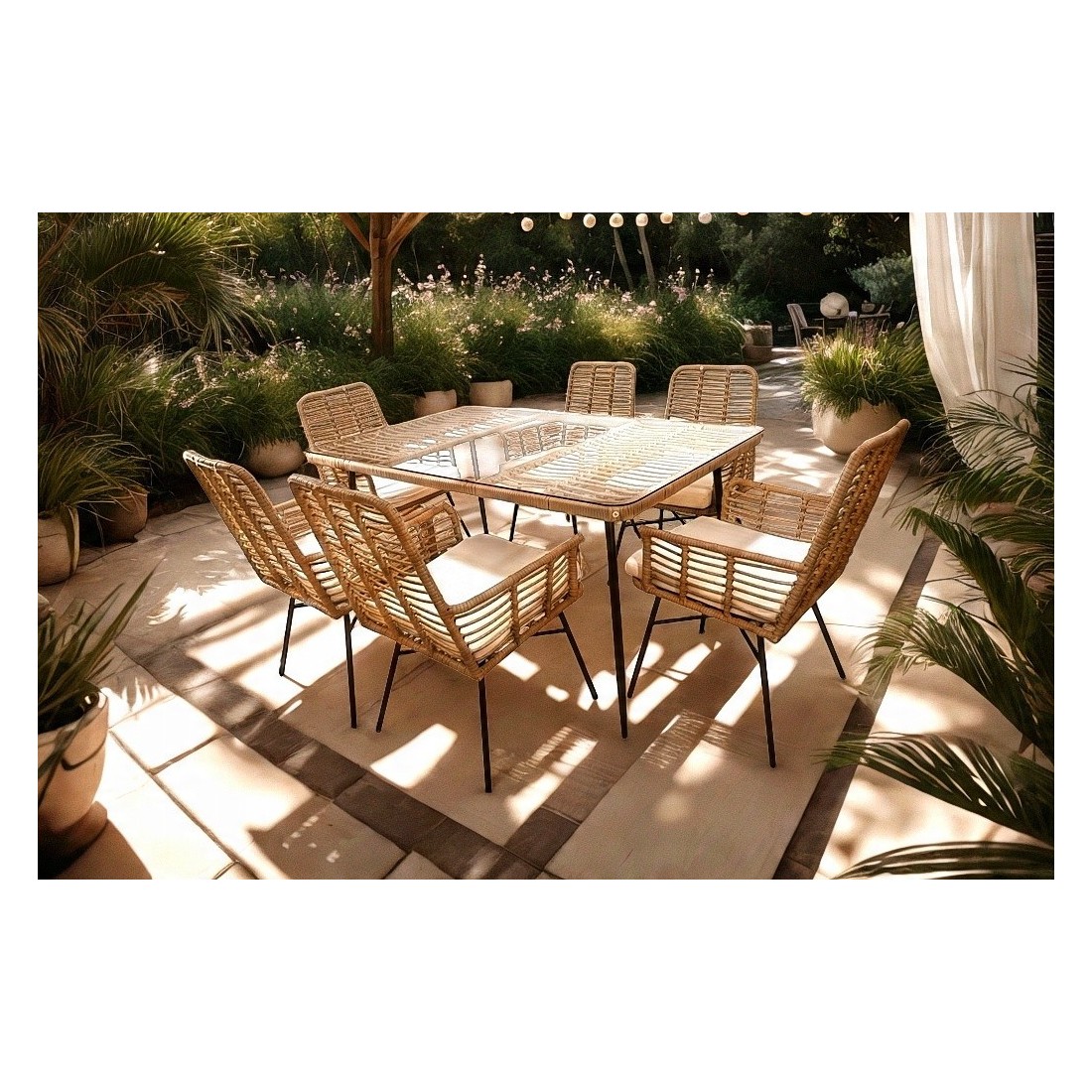 Salon de jardin ALFRESCO rotin marron 6 places avec table et fauteuils avec coussins