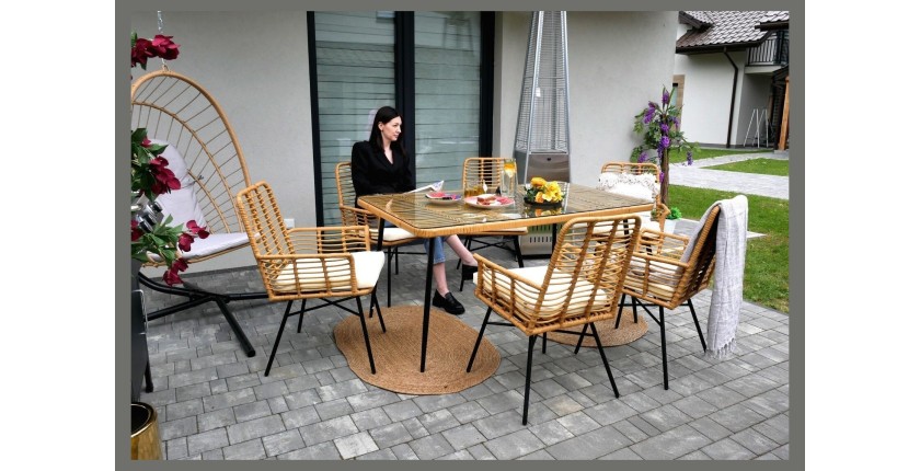 Salon de jardin ALFRESCO rotin marron 6 places avec table et fauteuils avec coussins 