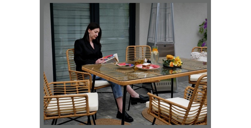 Salon de jardin ALFRESCO rotin marron 6 places avec table et fauteuils avec coussins 