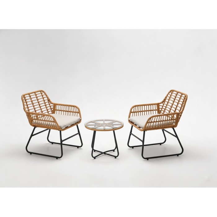 Salon de jardin HAVENA 2 places rotin marron avec coussins gris et table basse 