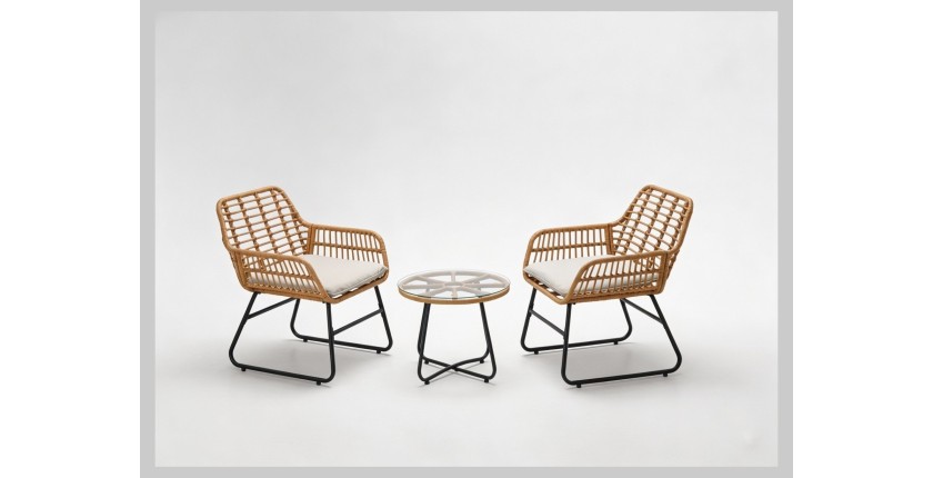 Salon de jardin HAVENA 2 places rotin marron avec coussins gris et table basse 