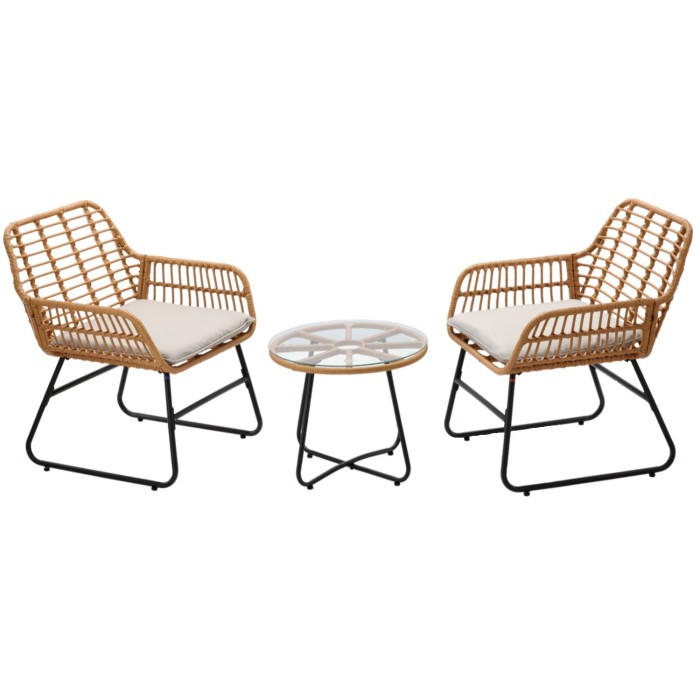 Salon de jardin HAVENA 2 places rotin marron avec coussins gris et table basse