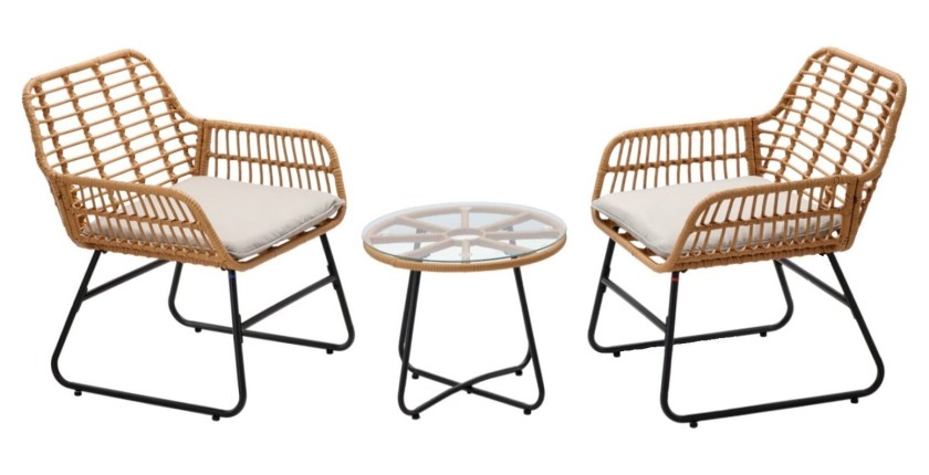 Salon de jardin HAVENA 2 places rotin marron avec coussins gris et table basse