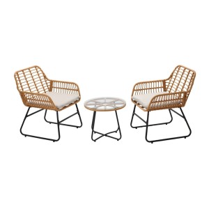 Salon de jardin HAVENA 2 places rotin marron avec coussins gris et table basse