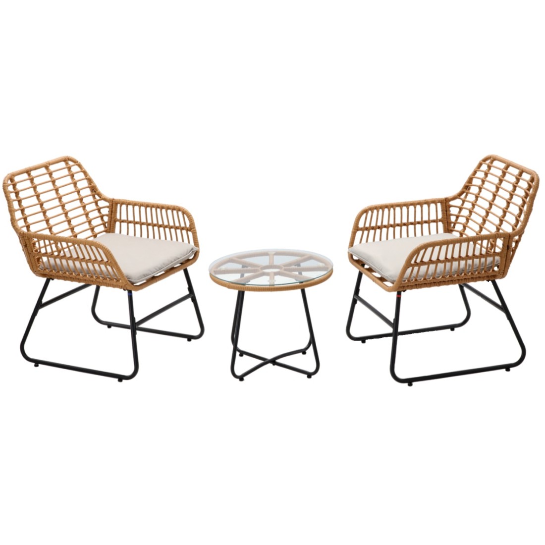 Salon de jardin HAVENA 2 places rotin marron avec coussins gris et table basse