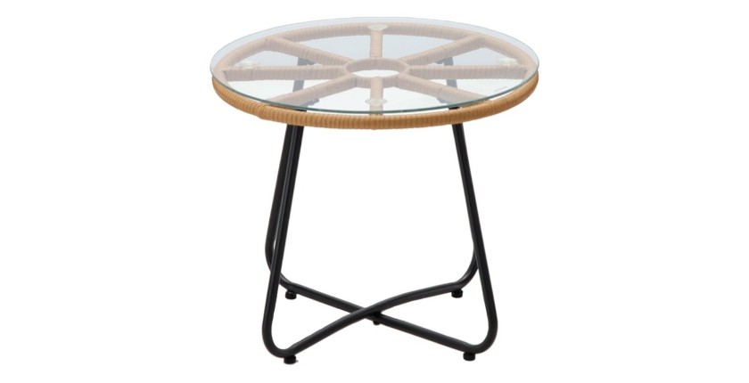 Salon de jardin HAVENA 2 places rotin marron avec coussins gris et table basse 