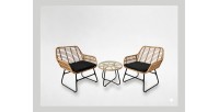 Salon de jardin HAVENA 2 places rotin marron avec coussins noirs et table basse 