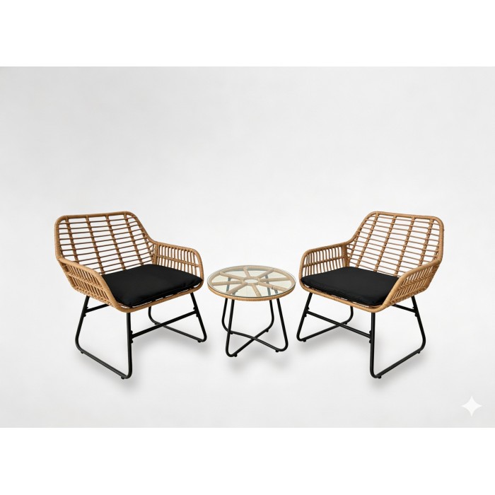 Salon de jardin HAVENA 2 places rotin marron avec coussins noirs et table basse 