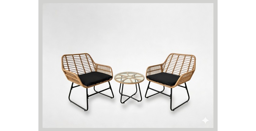Salon de jardin HAVENA 2 places rotin marron avec coussins noirs et table basse 