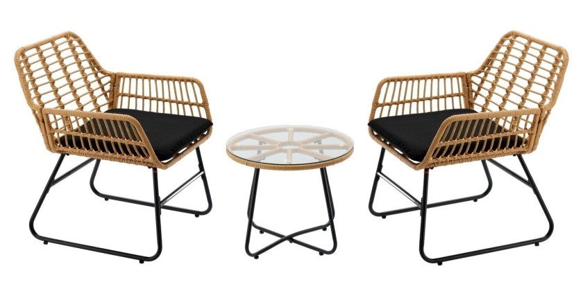 Salon de jardin HAVENA 2 places rotin marron avec coussins noirs et table basse