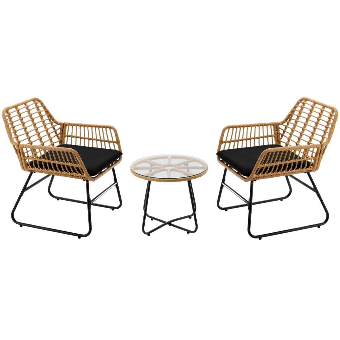 Salon de jardin HAVENA 2 places rotin marron avec coussins noirs et table basse