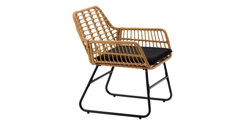 Salon de jardin HAVENA 2 places rotin marron avec coussins noirs et table basse 