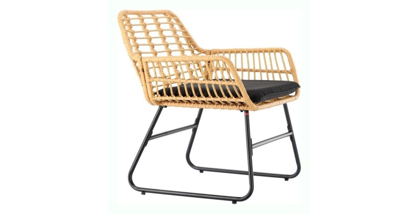 Salon de jardin HAVENA 2 places rotin marron avec coussins noirs et table basse 