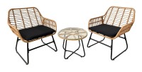 Salon de jardin HAVENA 2 places rotin marron avec coussins noirs et table basse 