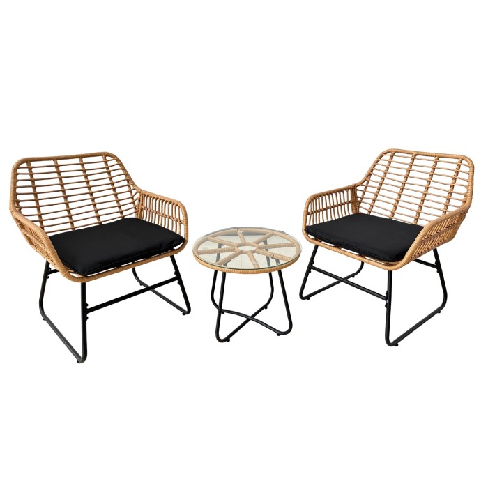Salon de jardin HAVENA 2 places rotin marron avec coussins noirs et table basse 