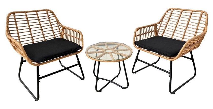 Salon de jardin HAVENA 2 places rotin marron avec coussins noirs et table basse 