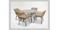 Salon de jardin VALORIA 4 places – Table et 4 chaises en rotin marron avec coussins gris 