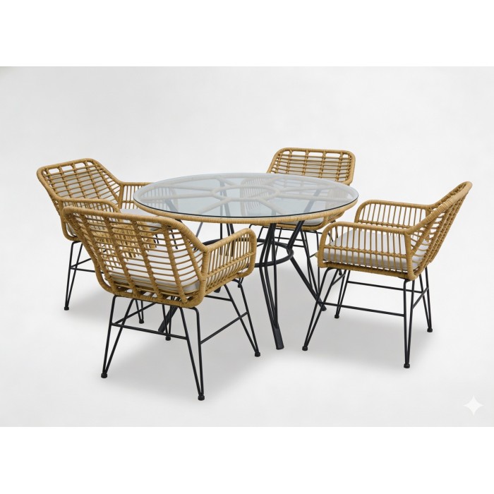 Salon de jardin VALORIA 4 places – Table et 4 chaises en rotin marron avec coussins gris 