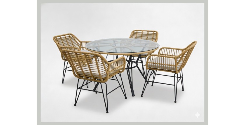 Salon de jardin VALORIA 4 places – Table et 4 chaises en rotin marron avec coussins gris 