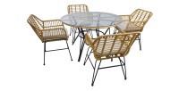 Salon de jardin VALORIA 4 places – Table et 4 chaises en rotin marron avec coussins gris