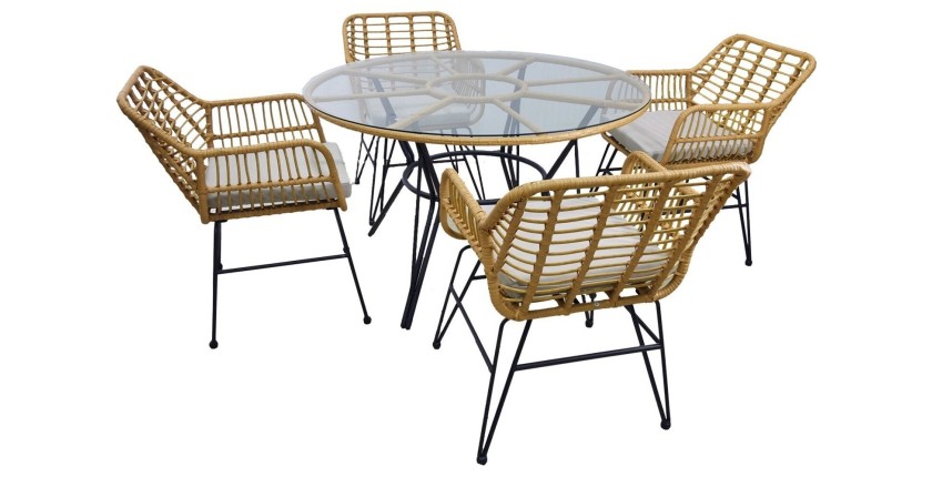 Salon de jardin VALORIA 4 places – Table et 4 chaises en rotin marron avec coussins gris
