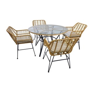 Salon de jardin VALORIA 4 places – Table et 4 chaises en rotin marron avec coussins gris
