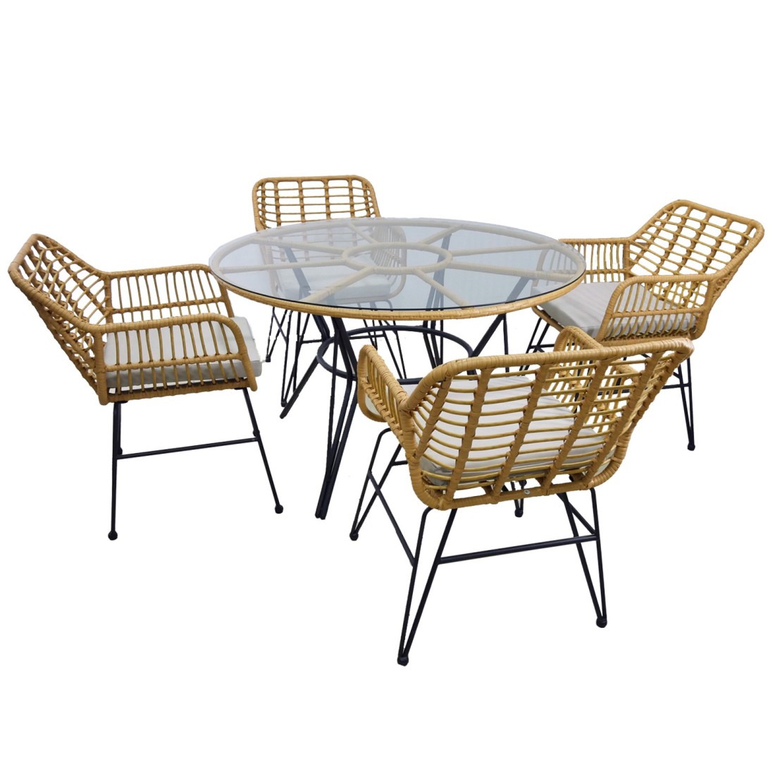 Salon de jardin VALORIA 4 places – Table et 4 chaises en rotin marron avec coussins gris