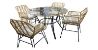 Salon de jardin VALORIA 4 places – Table et 4 chaises en rotin marron avec coussins gris 