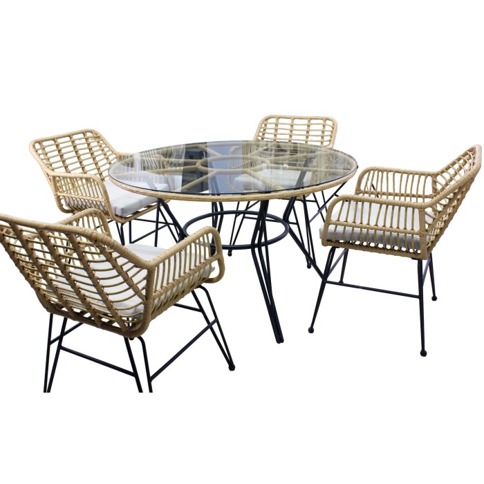 Salon de jardin VALORIA 4 places – Table et 4 chaises en rotin marron avec coussins gris 